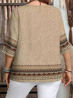 Women's Elegant Striped Print Shirt with Three-Button V-Neck Pullover, Spring/Summer Casual Loose Blouse Top - Khaki