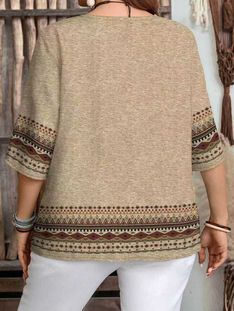 Women's Elegant Striped Print Shirt with Three-Button V-Neck Pullover, Spring/Summer Casual Loose Blouse Top - Khaki