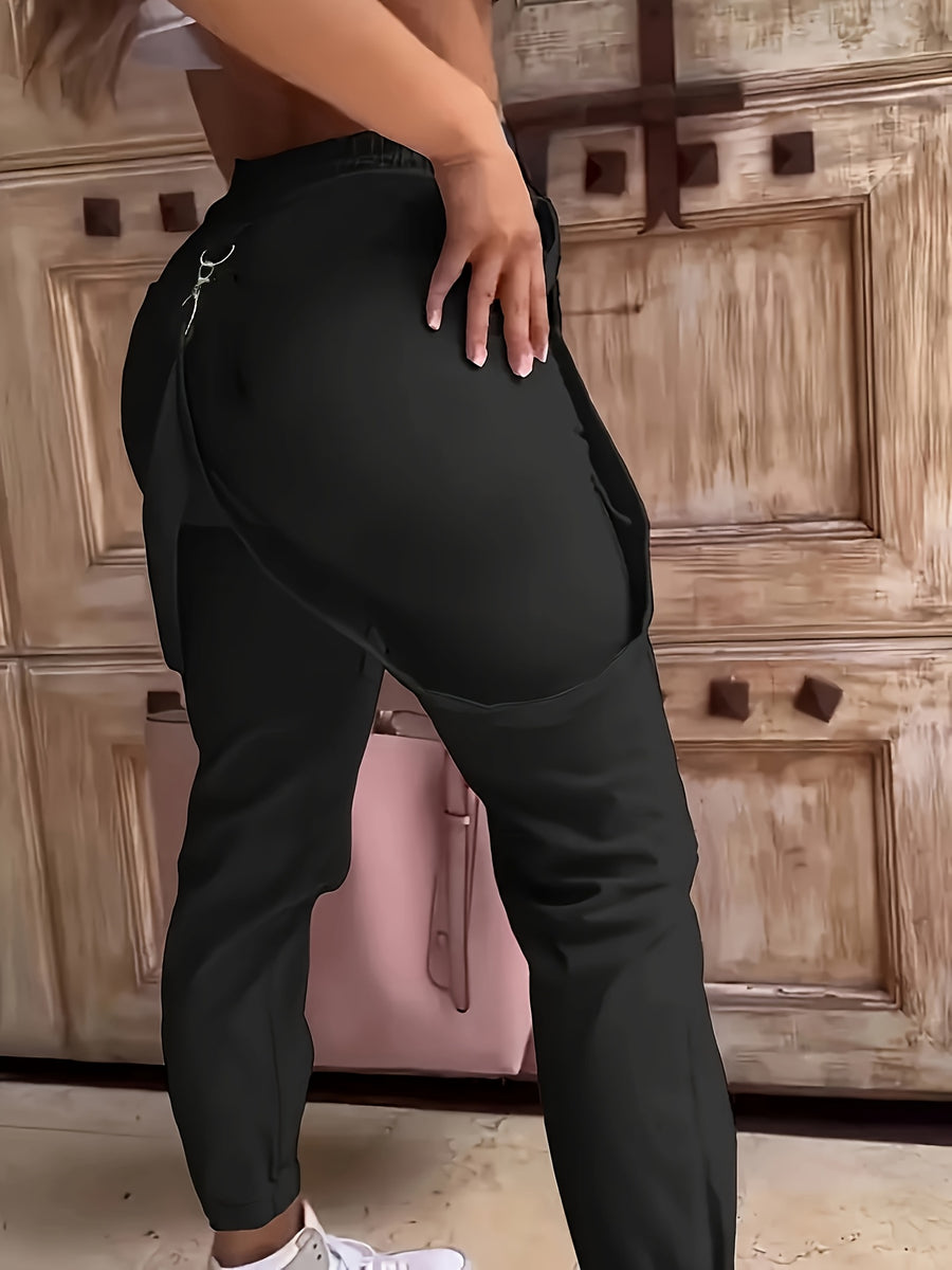 2026 Spring And Summer New Casual Women'S High-Waisted Pants with Solid Color Pocket Design And Elegant Suspenders, Perfect for Casual Outings And Dates - Black