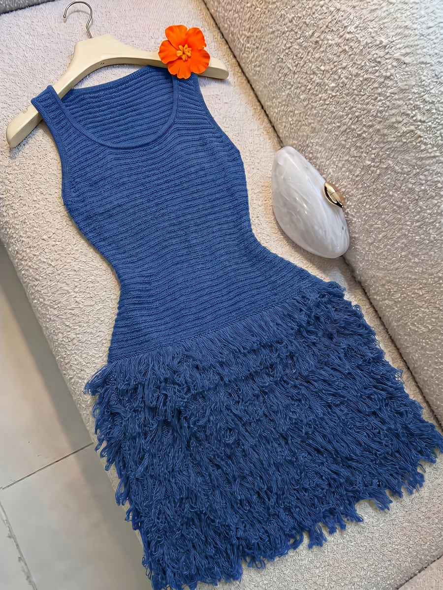 Beach Vacation Style, Handcrafted Tassel Design, And Slender High-End Elegant Vest Dress, High-End And Dignified, Versatile And Fashionable - Blue