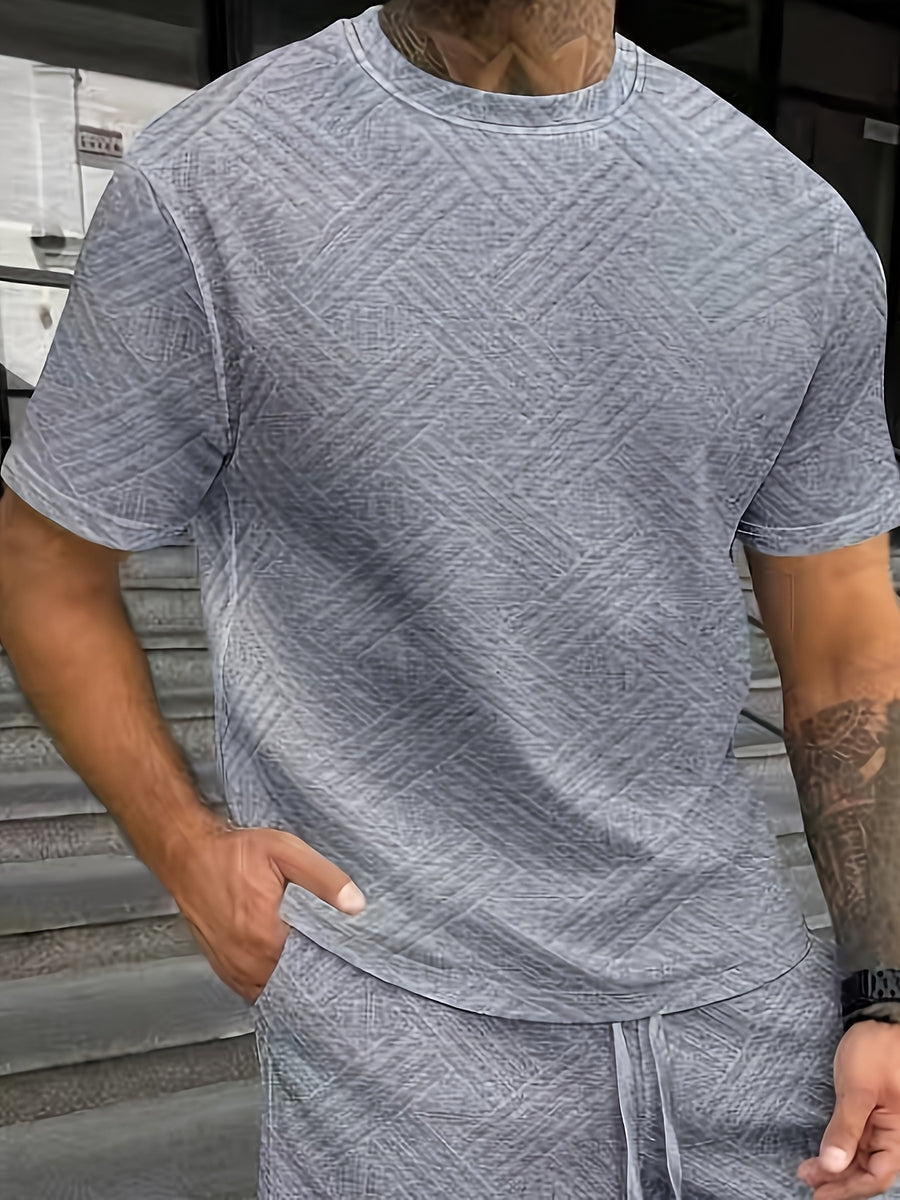 Men's Business Casual Sport Solid Color Crew Neck Jacquard T-Shirt - Light Grey