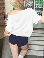 Women'S Casual Off-Shoulder Short Sleeve Number Print Pattern T-Shirt, Slouchy Casual Short Sleeve, Regular Loose Summer Short Sleeve Top - White