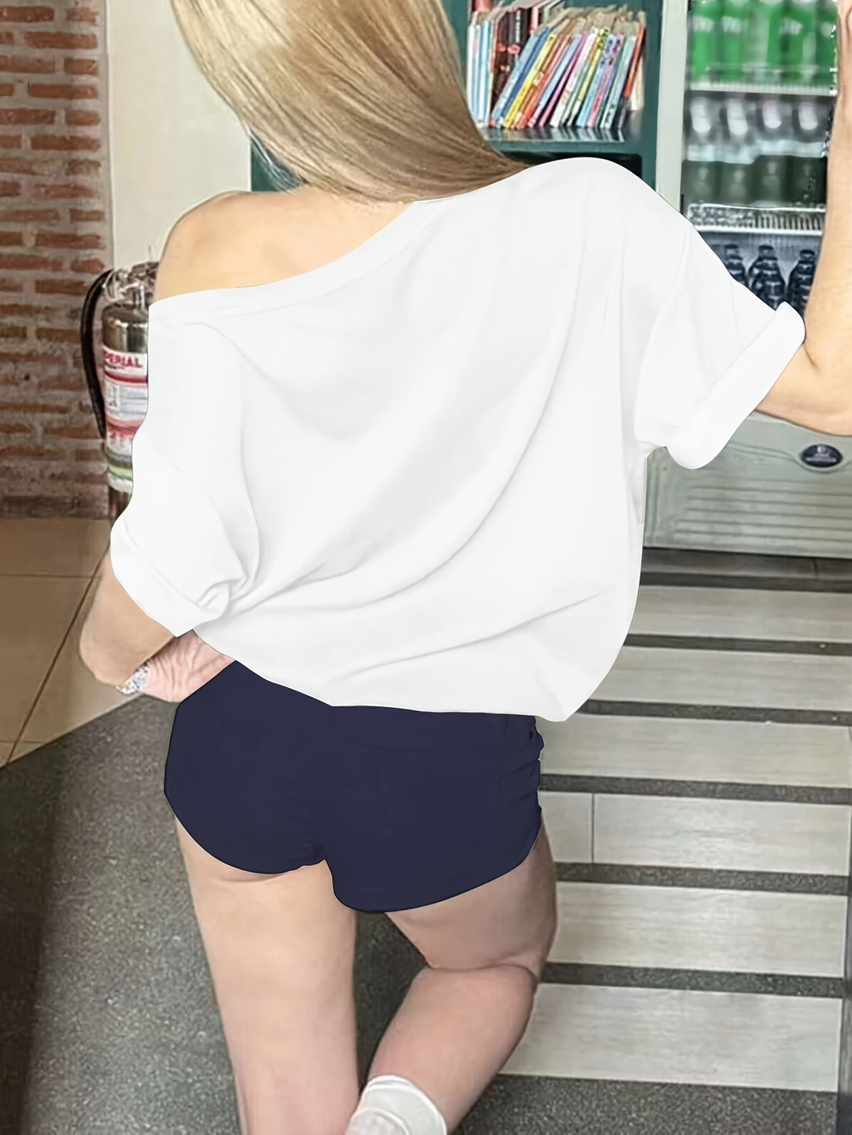 Women'S Casual Off-Shoulder Short Sleeve Number Print Pattern T-Shirt, Slouchy Casual Short Sleeve, Regular Loose Summer Short Sleeve Top - White