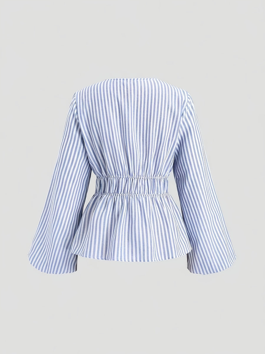 Belted Vertical Stripe Long-sleeve Shirt, Artistic Casual Fashion, Versatile Loose Top - Mixed colors