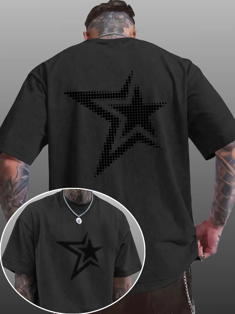 Men's Short-Sleeve T-Shirt, Pure Cotton Loose Fit Washed Distressed Half-Sleeve Top, Dot Matrix Overlapping Double Five-Star Trendy Reverse Double-Sided Print, Multiple Colors for  Mix & Match, American Streetwear High Street Hip-Hop Y2K National - Black