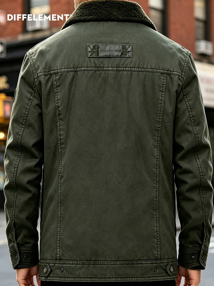 DIFFELEMENT Retro Workwear Style Fleece Thickened Men'S Lapel Work Jacket Lamb Fleece Fleece Lining Single Button Front Closure Cold-Proof Coat Chest Flap Patch Pocket Side Patch Pocket Warm And Cold-Resistant Wearable in Cold Weather Daily And Outd - Military Green