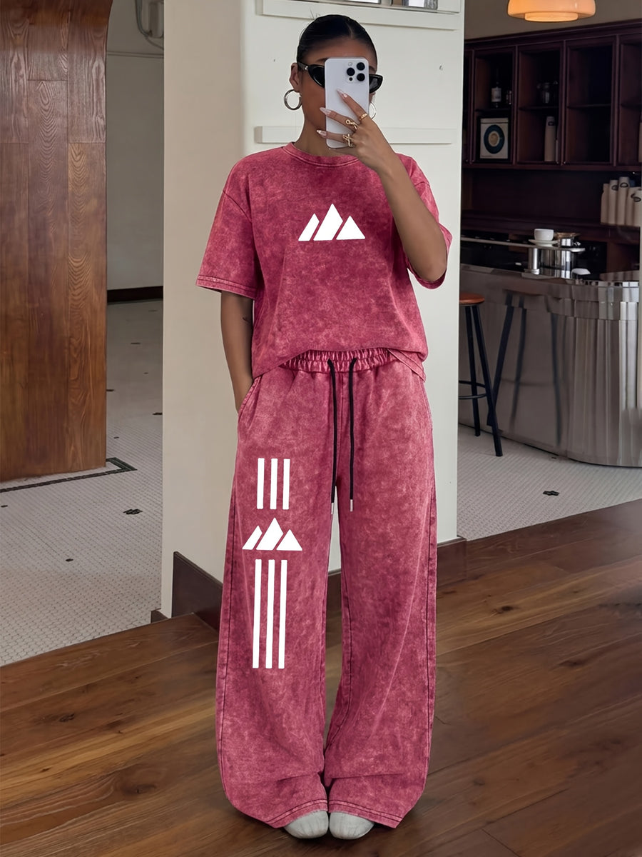 Women'S 2pcs Mountain Print Set, Vintage Washed Distressed Loose T-Shirt And Wide-Leg Pants, Casual Loose Solid Color Athletic Outfit, Minimalist Outdoor Style Printed Women'S Loungewear - Red