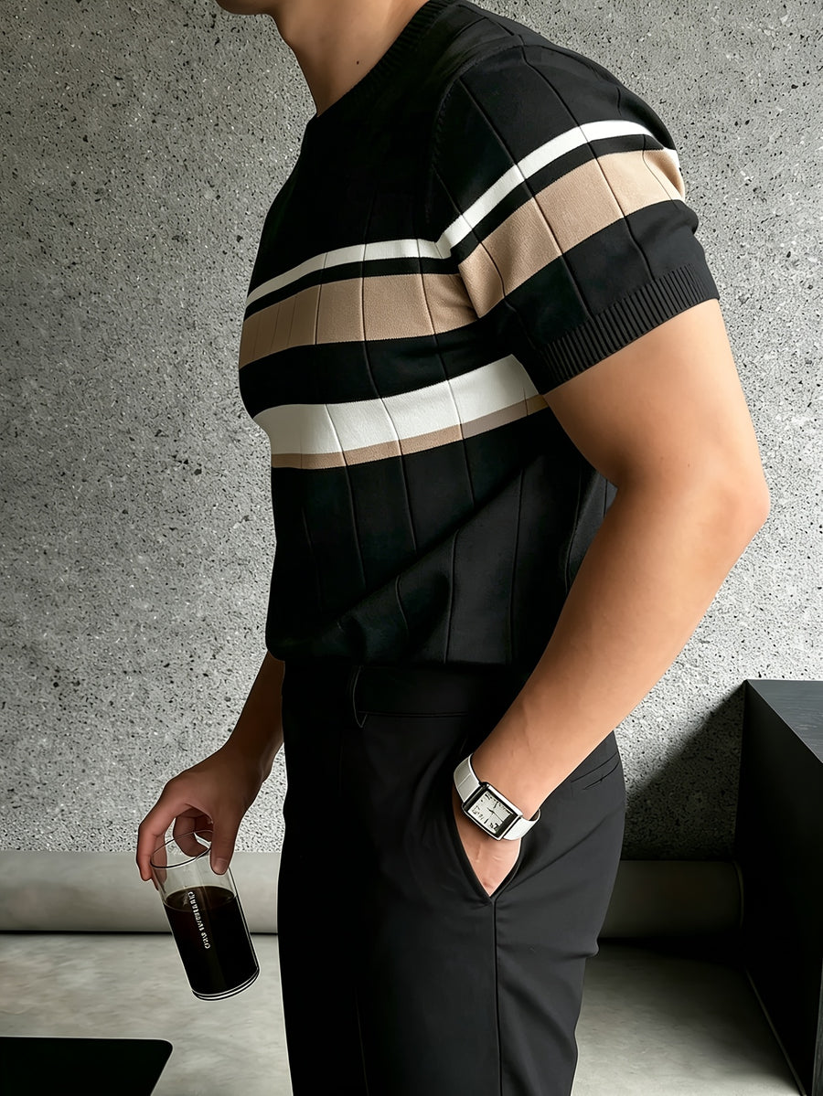 Men'S Color-Block Short-Sleeve Knit Pullover, Regular Round Neck Top, Business Casual Summer New - Black