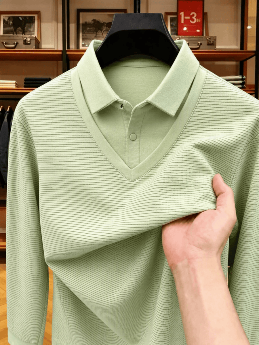 Men's Shirt Collar Fake 2pcs Knitted Top, Thick Warm Long Sleeve Base Shirt, Casual Pullover Polo for Golf, Fishing, Tennis, Winter Daily Wear for Middle-aged Dad - Light Green