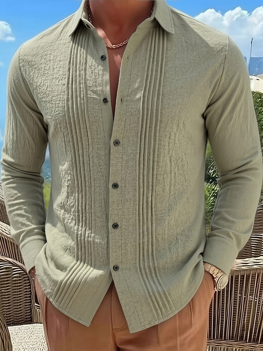 Men'S Fashion Top, Long Sleeve Gualabera Shirt with Pleated Front, Casual Shirt for Vacation, All-Season Casual Style - Olive Green