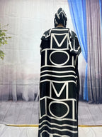 Elegant Black and White Geometric Print Maxi Dress with Batwing Sleeves - Traditional Attire for Women, Perfect for Spring/Summer, Versatile Clothing | Geometric Print Dress | Detailed Applique, Maxi Dress - Black