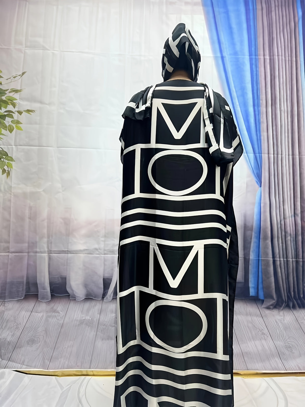 Elegant Black and White Geometric Print Maxi Dress with Batwing Sleeves - Traditional Attire for Women, Perfect for Spring/Summer, Versatile Clothing | Geometric Print Dress | Detailed Applique, Maxi Dress - Black