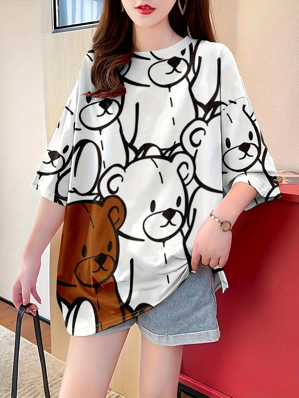 Summer New Large Size Loose Fashion Trend Slim Cartoon Round Neck Print Ladies Women'S Medium And Long Short-Sleeved T-Shirt Clothes - K176-W