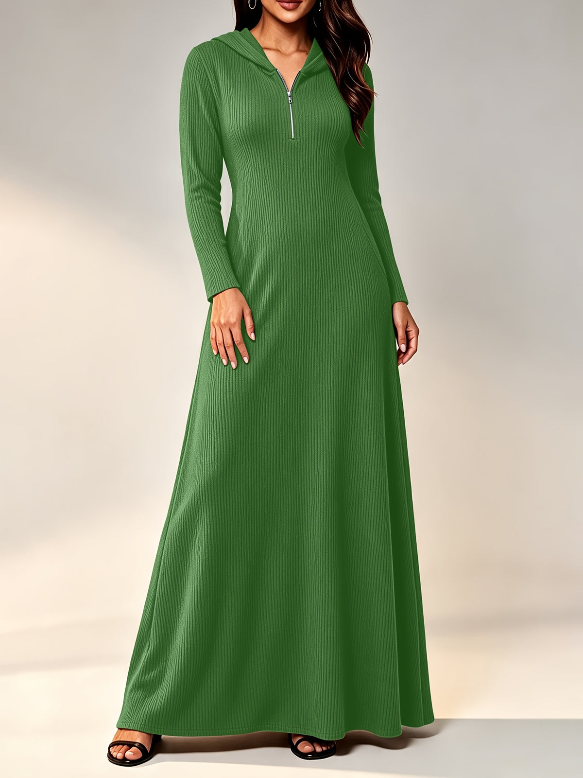 Plus Size - Western Plus Size Women'S Ribbed Hooded Long Dress, Half-Open Zipper Long Sleeve Fitted Flared Casual Floor-Length Skirt - Green