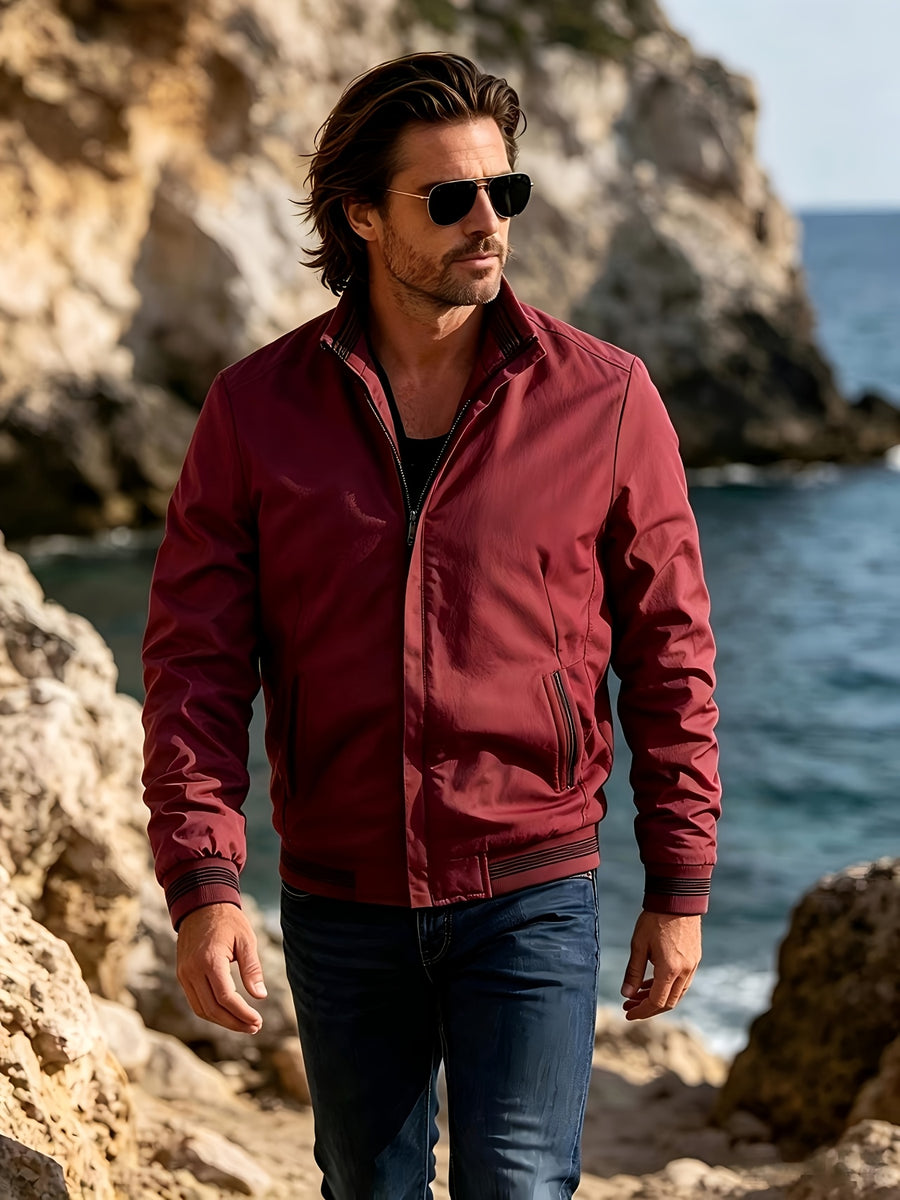 Men's Spring/Autumn Stand Collar Jacket, Casual Zipper Windproof Versatile Outerwear with Classic Cuff and Hem Striped Rib Design, Suitable for Daily Work Scenes - Burgundy