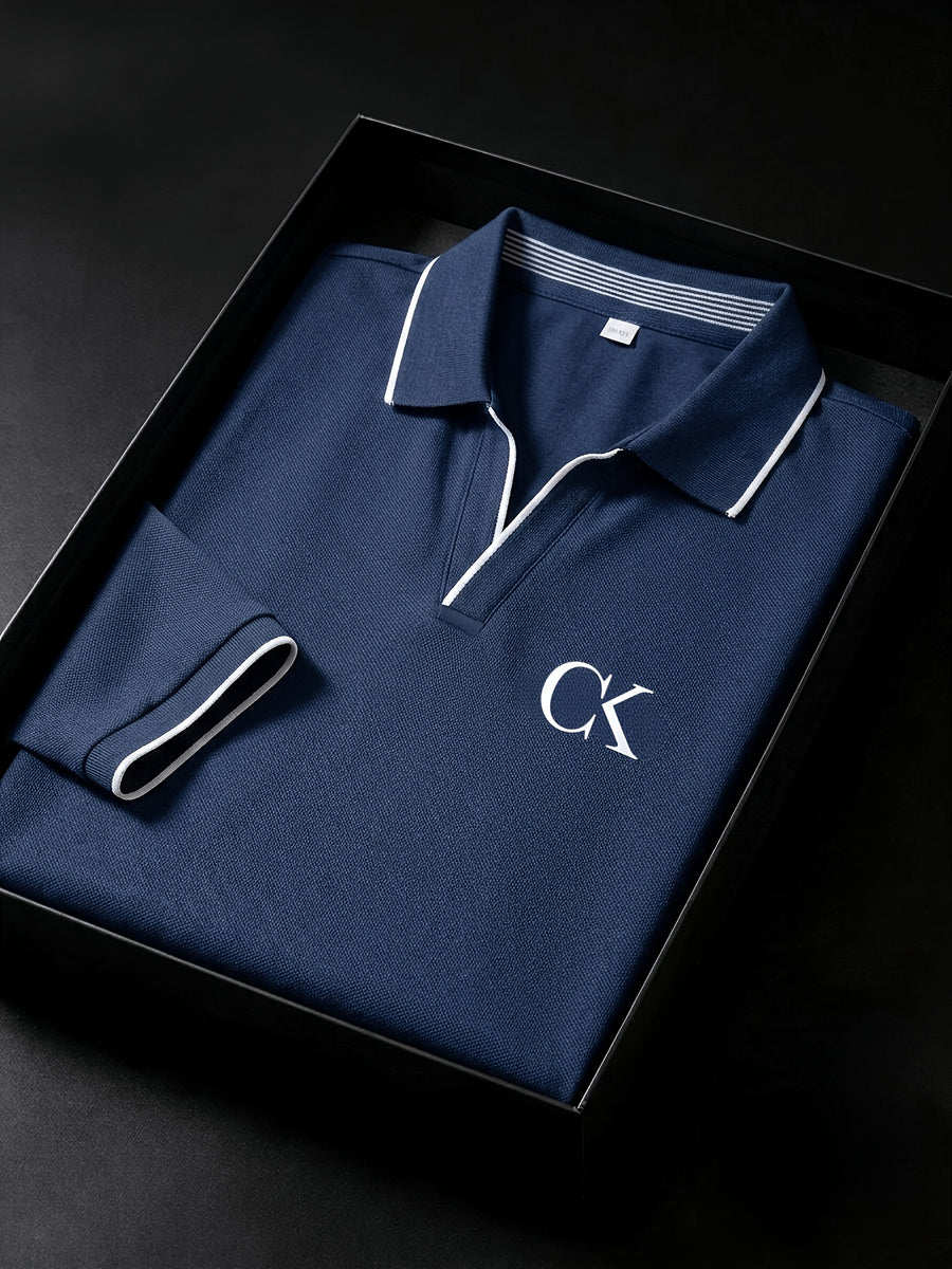 Quick-Dry V-Neck Men'S Golf Polo with Contrast Cuffs, Classic Logo Print, Luxury Contrast Collar, Anti-Pilling Breathable Fabric, Ideal for Sports, Business Casual, Commuting, Golf, And Business Settings - Navy Color
