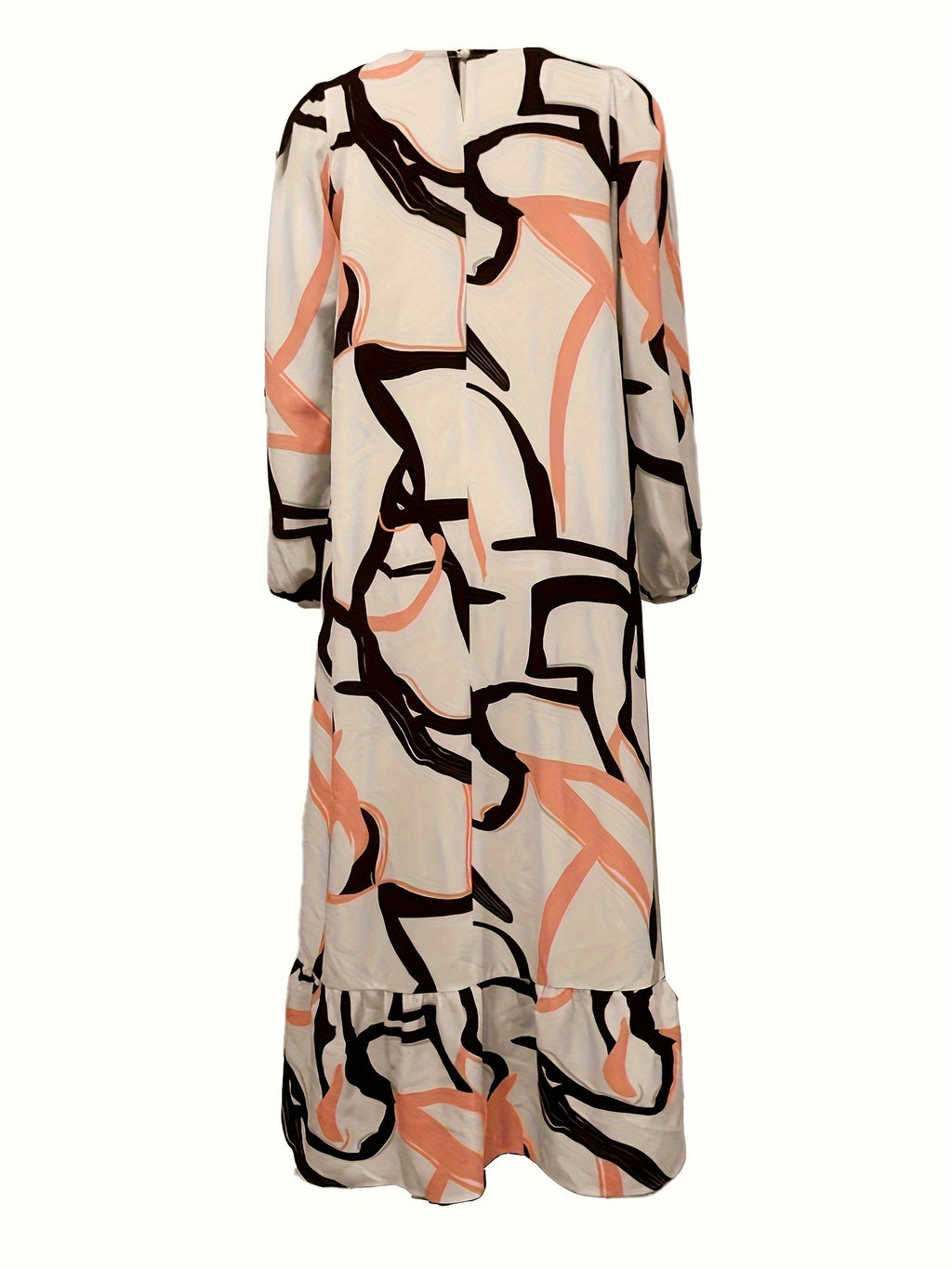 Fashion Printed Muslim Women'S Dress Long Sleeve Retro Loose Maxi Dress Ruffle - Apricot