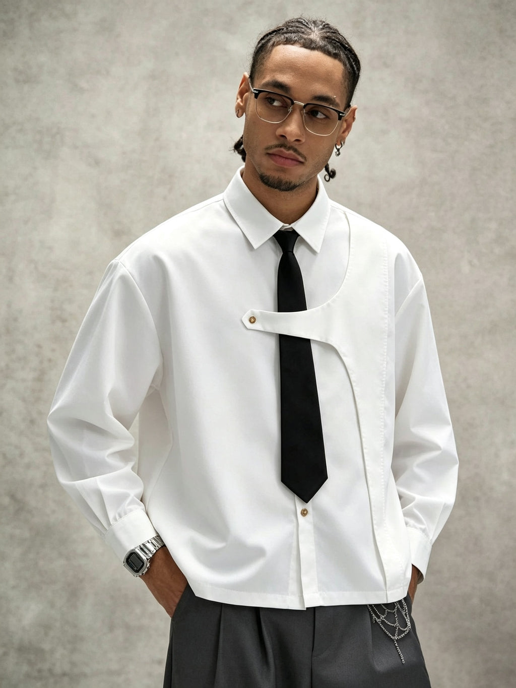 Men's White Long-sleeve Shirt with an Academic-style Design, Featuring a Detachable Tie. This Loose-fit, Dropped-shoulder Uniform Shirt Is a Minimalist Casual Shirt in a Niche Style, Suitable for Daily Outings, Outdoor Commuting, Back-to-school - White