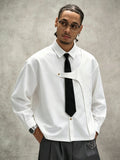 Men's White Long-sleeve Shirt with an Academic-style Design, Featuring a Detachable Tie. This Loose-fit, Dropped-shoulder Uniform Shirt Is a Minimalist Casual Shirt in a Niche Style, Suitable for Daily Outings, Outdoor Commuting, Back-to-school - White