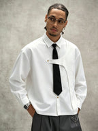 Men's White Long-sleeve Shirt with an Academic-style Design, Featuring a Detachable Tie. This Loose-fit, Dropped-shoulder Uniform Shirt Is a Minimalist Casual Shirt in a Niche Style, Suitable for Daily Outings, Outdoor Commuting, Back-to-school - White