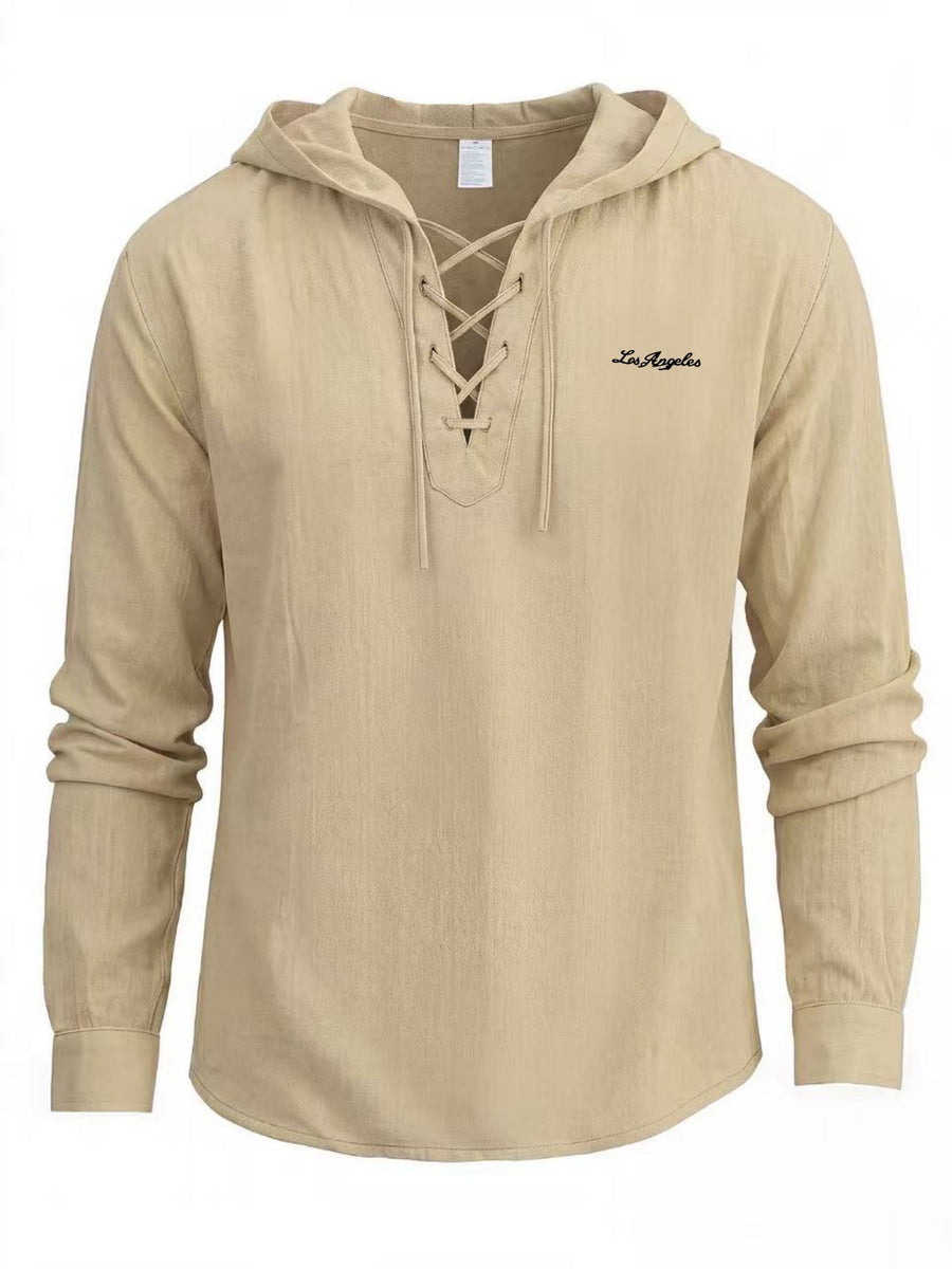 Men'S Linen Shirt, Multi-Scene Versatile Hooded Drawstring Long Sleeve Style, V-Neck Cross-Tie Rich Design Detail, Small Floral Los Angeles Print Easy Accent Shirt, Adjustable Drawstring, Suitable for Home And Outings, Casual Dates, And Leisure - Khaki