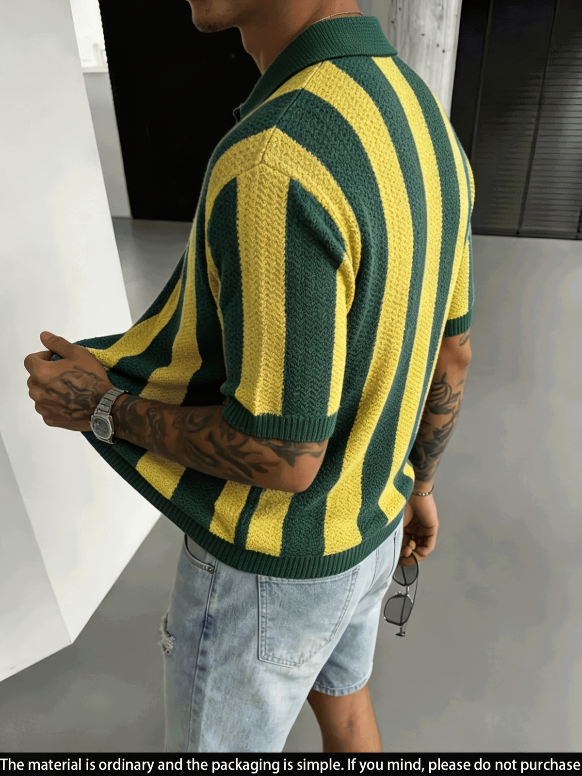 Men'S Knit Short Sleeve Color-Block Pinstripe Polo Collar Casual Loose Business Commute Knit Pullover Top - Green