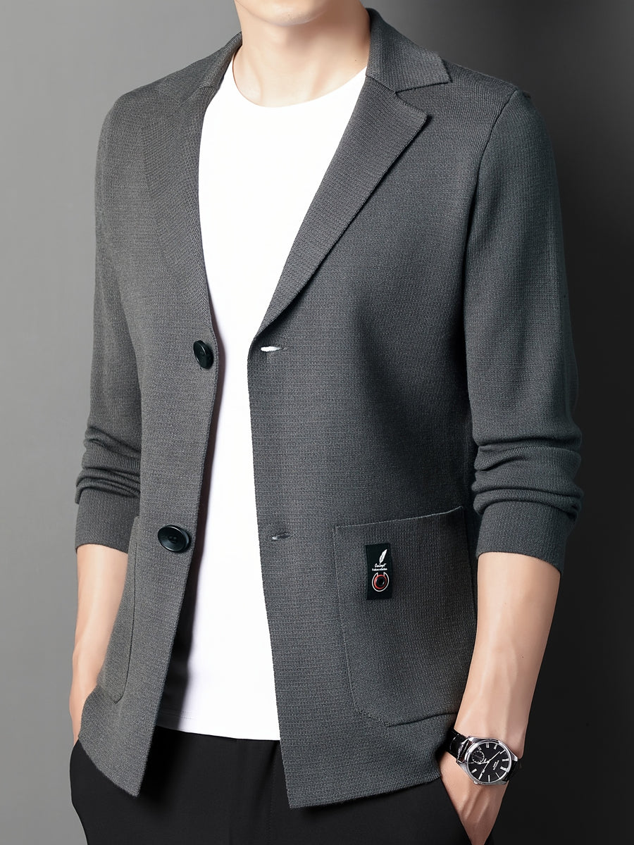 Du Jing Lan OBM New Spring/Summer Men's Knit Cardigan, Old Money Style Solid Color Suit Lapel Long Sleeve Open Front Knit Cardigan, Men's Business Casual Fashion Single-Breasted Ribbed Sweater Jacket with Side Pockets, Suitable for Layering - Dark Gray