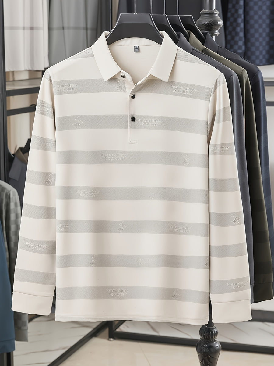 Multi-Color Striped Polo Shirt for Men, Micro-Velvet Long Sleeve Polo, Button-Up Collar 3-Button Pullover Top, Smooth Soft Skin-Friendly Fabric, Business Commute Travel Top, Fishing Home Daily Loose Casual Men'S Clothing - Off-white