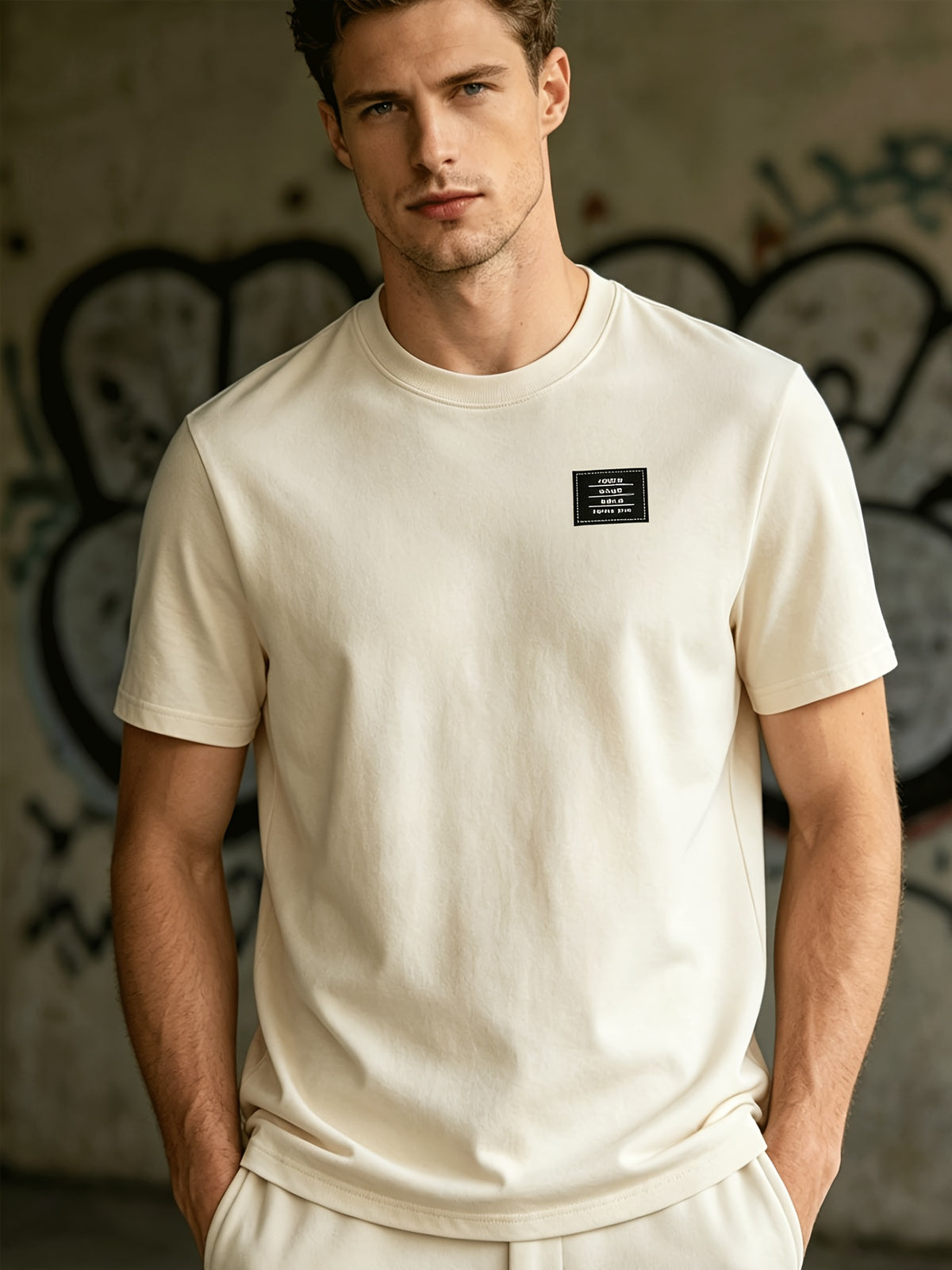 180G Summer Solid Color Pure Men'S Clothing, Multi-Color Optional T-Shirt And Chap Design (1pc) Loose Lazy Skin-Friendly Wrinkle-Free Men'S Basic Top, Short Sleeve Lightweight Breathable - Apricot