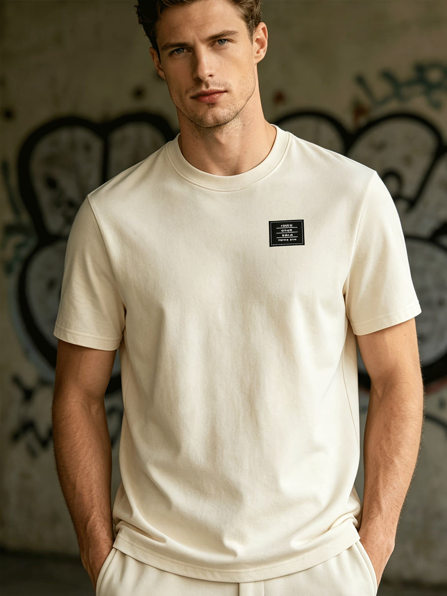 180G Summer Solid Color Pure Men'S Clothing, Multi-Color Optional T-Shirt And Chap Design (1pc) Loose Lazy Skin-Friendly Wrinkle-Free Men'S Basic Top, Short Sleeve Lightweight Breathable - Apricot