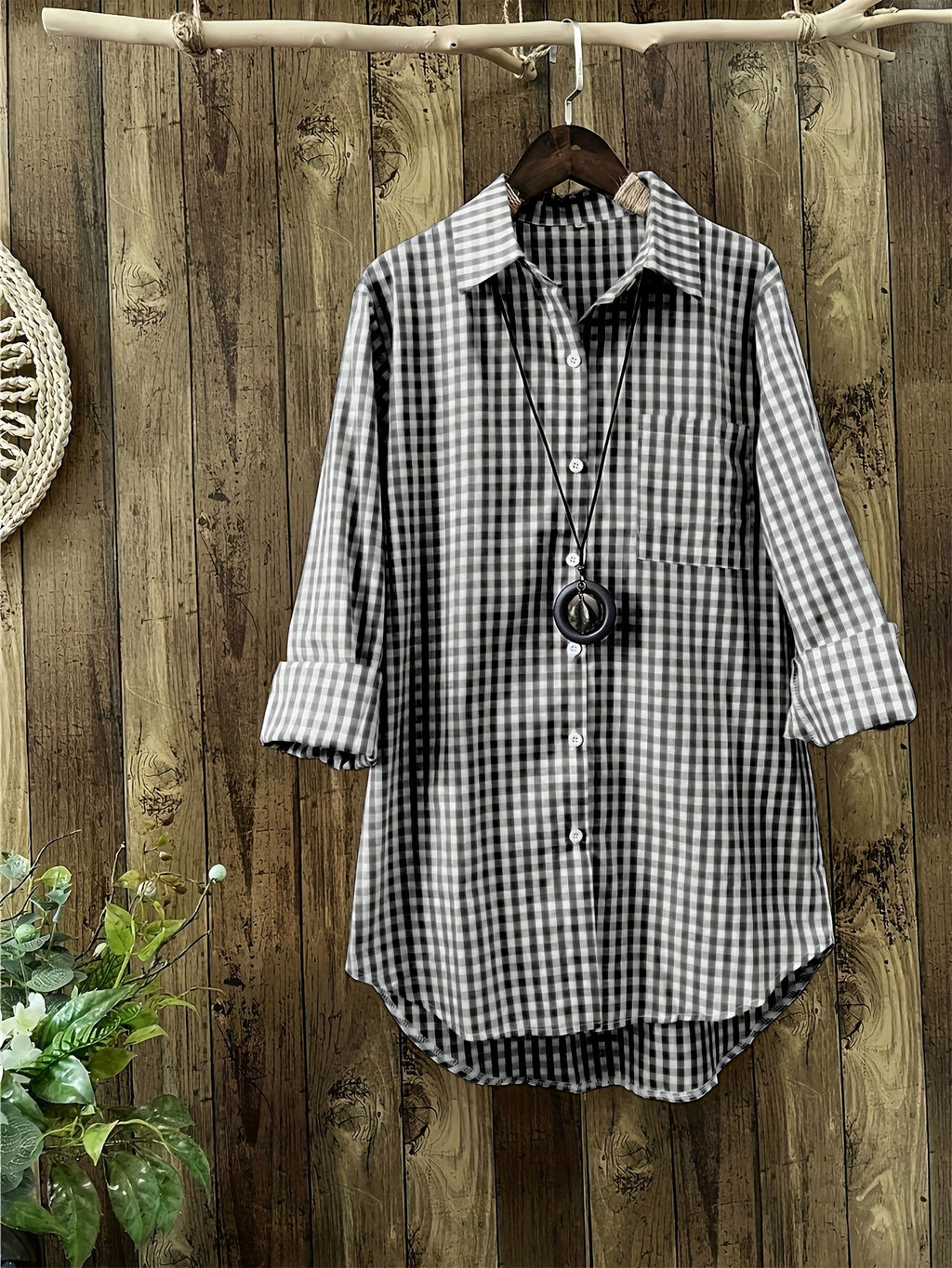 Women'S Autumn Casual Vintage Commute Long Sleeve Checkered Striped Shirt - Black