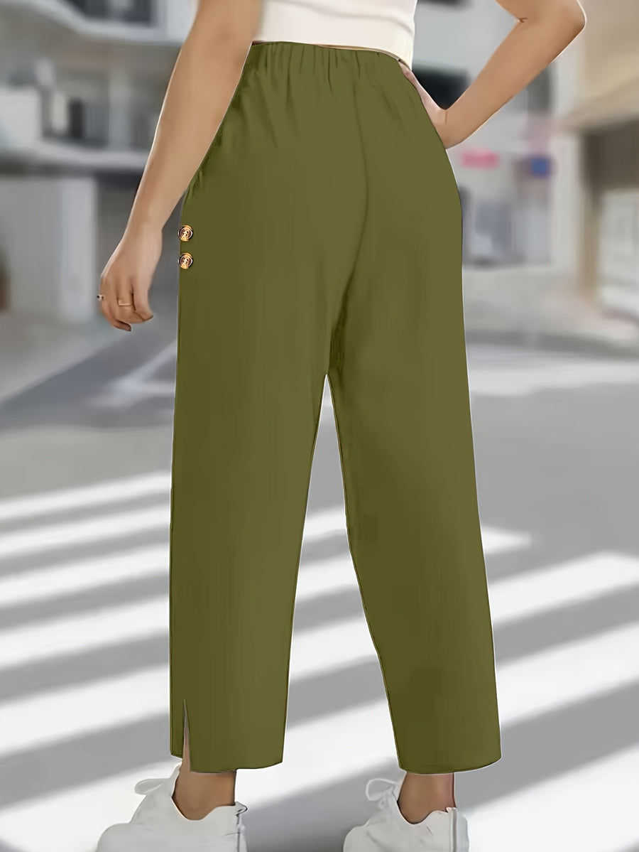 Solid Color Elegant Ankle Pants with Buttoned Pockets, Featuring a Slit Cuff Design for Added Dynamism, Suitable for Daily Outings or Commuting - Olive Green