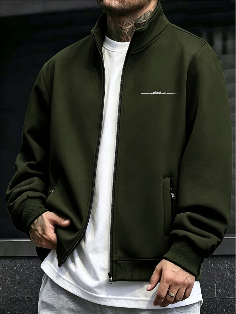 Jacket Men'S Stand Collar Multi-Scene Wear Western Easy Long Sleeve Spring Autumn Anti-Wrinkle Pure Ribbed Zipper Pocket Full Zipper Closure Sports Casual Cardigan Coat - Military Green