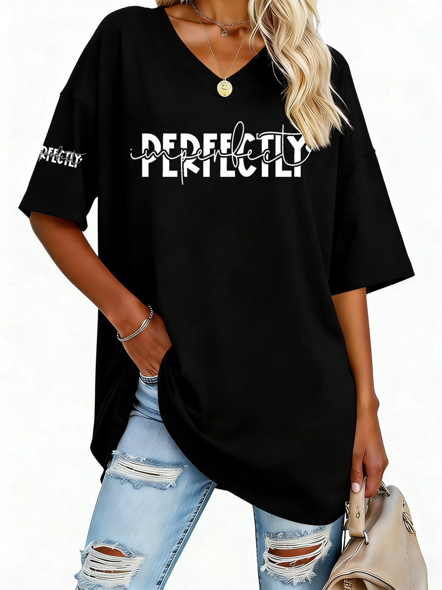 Women S Fashion V Neck Tee Featuring Relaxed Drop Shoulders - Black