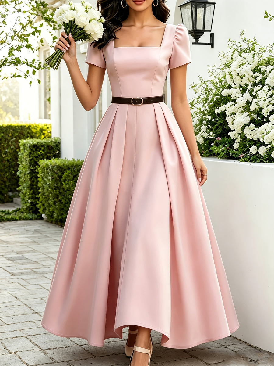 Solid Square Neck Short Sleeve Dress Women'S 2026 Summer New High-Waist Cinched Waist Flared Maxi Dress with Belt - pink color