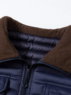 Men'S Horizontal Quilted Winter Jacket, Brown Corduroy Collar, 4-Pocket Utility Style with Ribbon Loops, Full-Zip Closure, Lightweight Warm Padded Coat, Suitable for Skiing, Riding, Hiking, Camping, Casual Commute And Business Attire - Blue