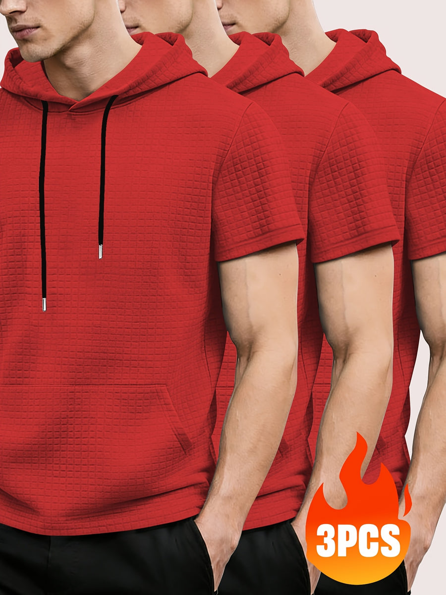 3pcs Men's Waffle Knit Short Sleeve Hoodie with Kangaroo Pocket, Soft and Breathable Fabric, Multiple Color Options, Versatile for Daily Wear, Simple and Stylish Casual Sportswear, Suitable as Matching Family Outfits, Great Choice for Gifts - Red + Red + Red