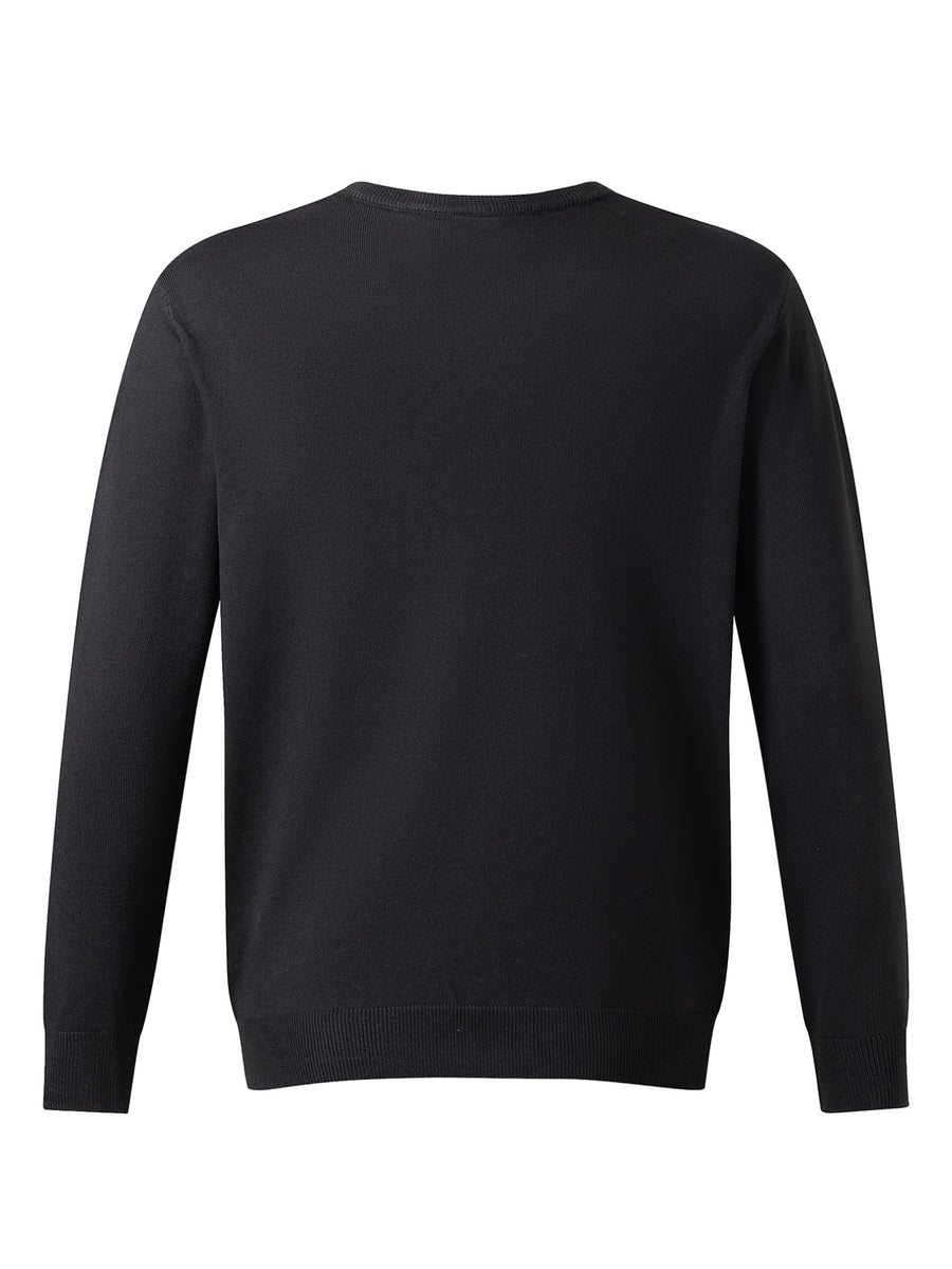 Men's Long-Sleeve Knit Sweater, Simple Style, Fashionable Men's Apparel, Regular Fit Versatile Crew Neck Knit T-Shirt, Suitable for Outdoor Leisure and Daily Wear - Black