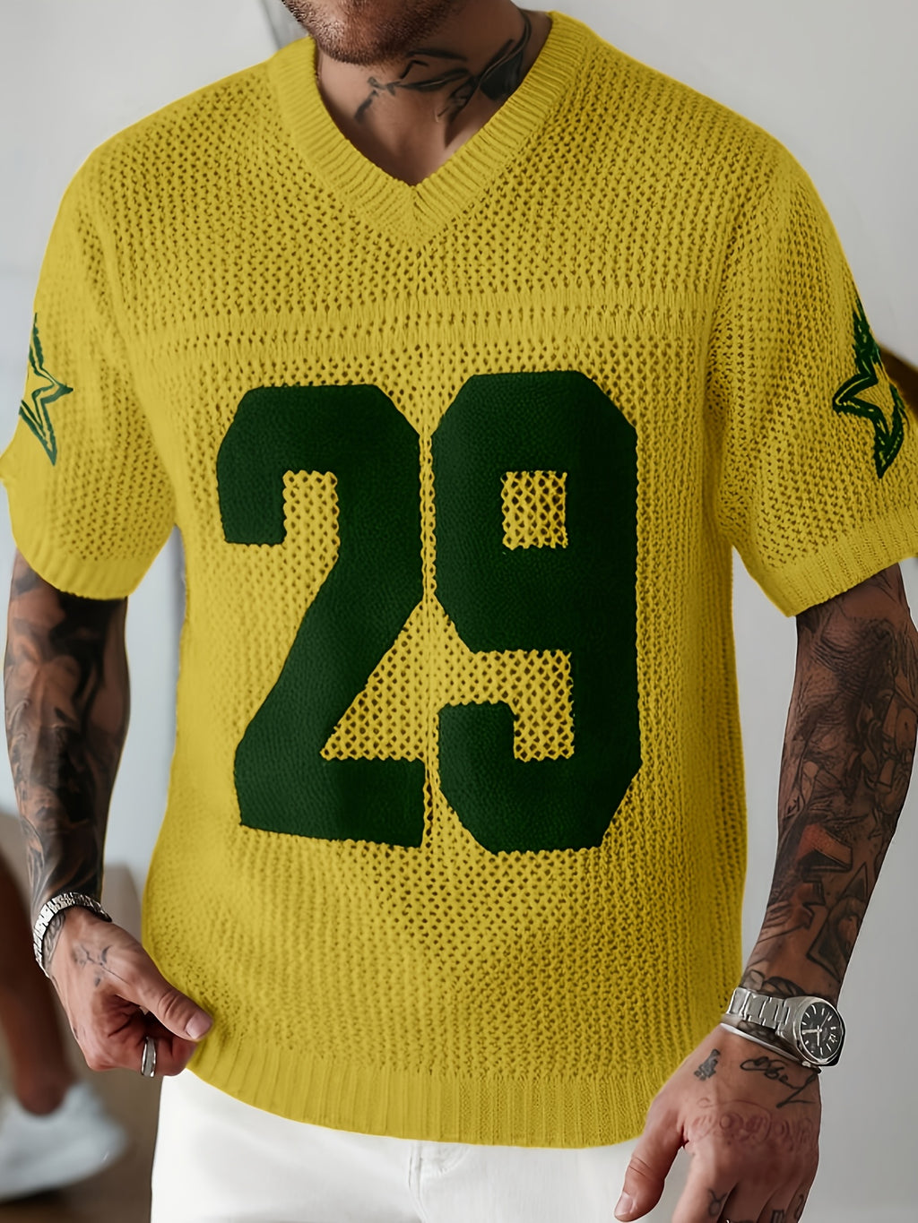 JANE DRESSINGLOG Men'S Summer Digital Design Color-Block V-Neck Short Sleeve Hollow Knit Top, Men'S Summer Casual Football Style Sweater, Suitable for Sports Casual Daily Wear - Yellow