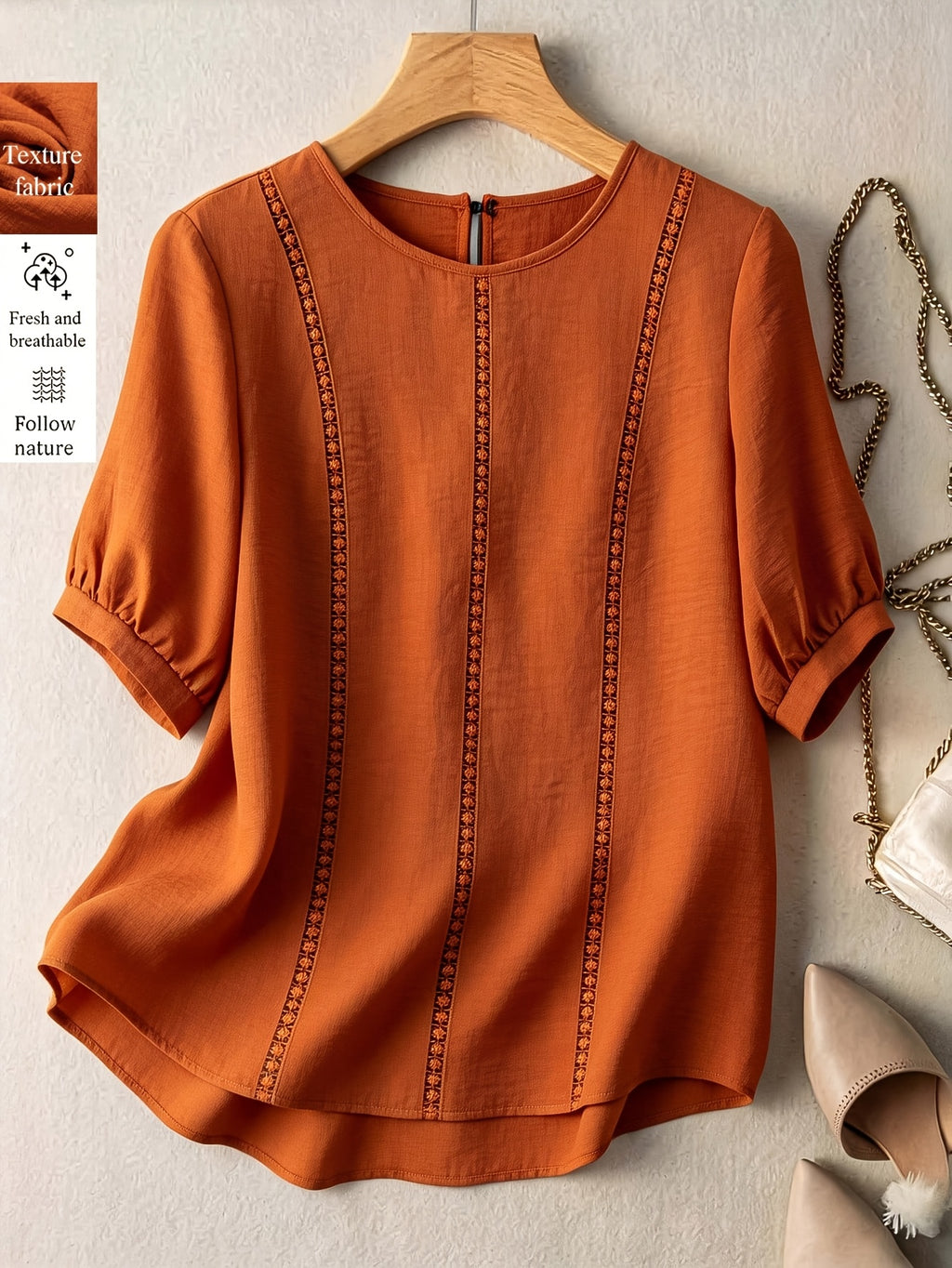 Women's Lantern Sleeve Decorative Ribbon Shirt, Breathable Textured Casual Summer Top - Orange red