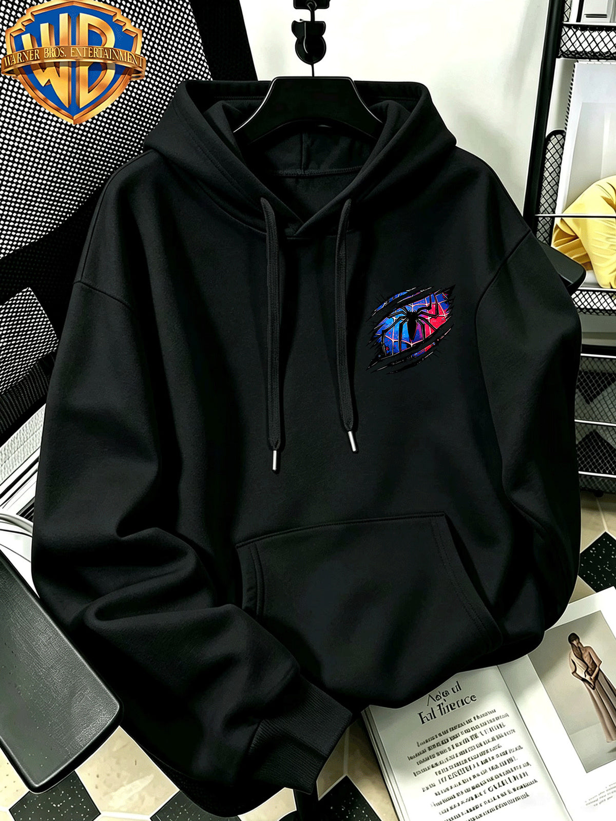 Warner Bros Official Autumn/Winter Casual Sporty Loose Hooded Sweatshirt, Red and Blue Ripped Claw Mark Spiderweb Trendy Cool Vintage Print, Men's Casual Versatile Adjustable Drawstring Sweatshirt, Comfortable and Casual Autumn/Winter Apparel - Black