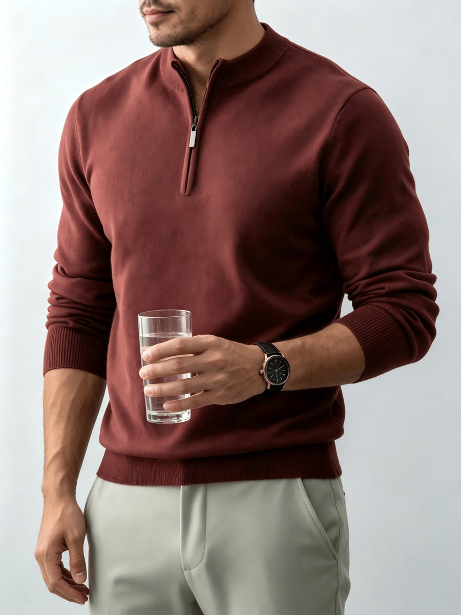 Fall Winter Men'S Half-Zipper Stand-Collar Knit Pullover, Classic Long Sleeve Fit for Casual Social Wear, Daily Commute, Light Business Meeting, Casual Gathering - Tender Red