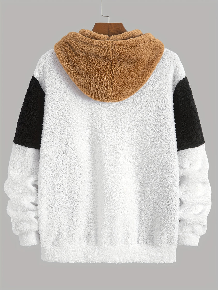 Men'S Bear Embroidered Hooded Plush Sweatshirt, National Trend Contrast Patchwork Thickened Warm Jacket, 3D Loose Winter -10°C Cold-Resistant Trendy Men'S Top - Khaki