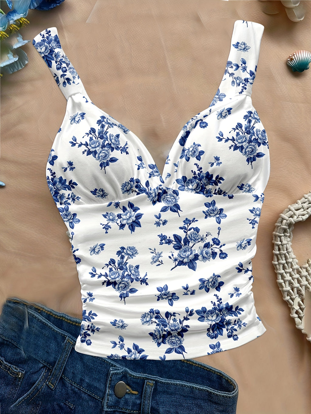 Women's Spring/summer New Hot Beach Tropical Vacation Outfits Casual Floral Slim Fit Bustier Halter Top - White