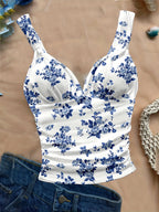 Women's Spring/summer New Hot Beach Tropical Vacation Outfits Casual Floral Slim Fit Bustier Halter Top - White