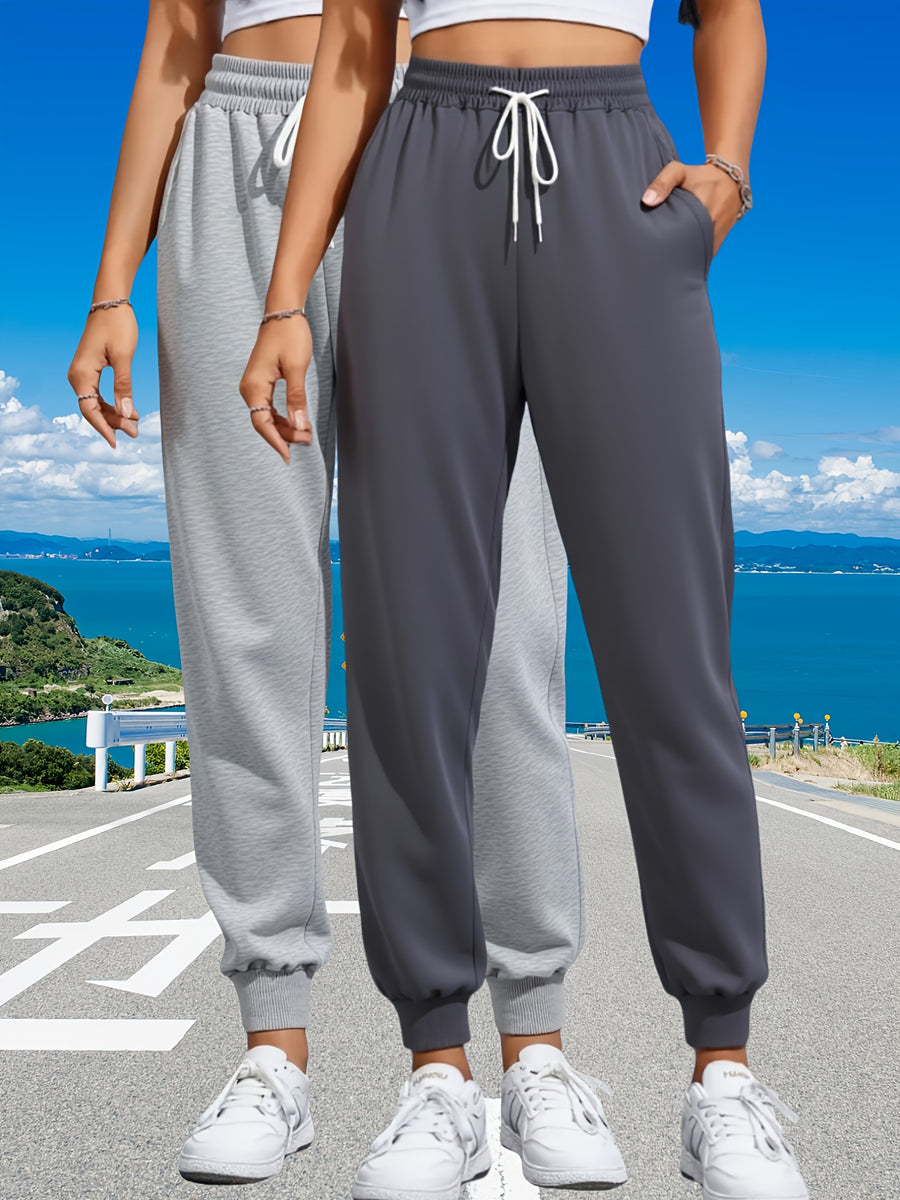 Women's 2pcs Casual Joggers with Drawstring Waist - Comfortable, Loose Fit Sweatpants with Pockets, Solid Color, Ladies Jogging Suits - Dark Gray + Light Gray