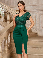 Women's Elegant Sequin Lace Petal Sleeve Double V Neck Ruched Trim Slit Hem Slim Party Dress - Dark Green