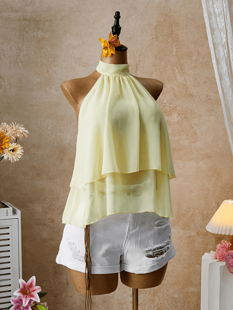 Yellow Halter Neck Tie Blouse, Elegant Halter Neck Ruffled Hem A-Line Tie Neck Shirt, Light Yellow Casual Office Shirt Backless Women'S Top, Suitable for Beach Vacation - Bright Yellow