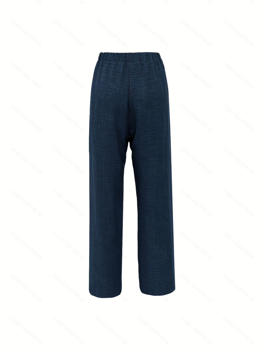 Spring-Summer Solid Color Fashion Casual Side Seam Lace Pants - Navy Color