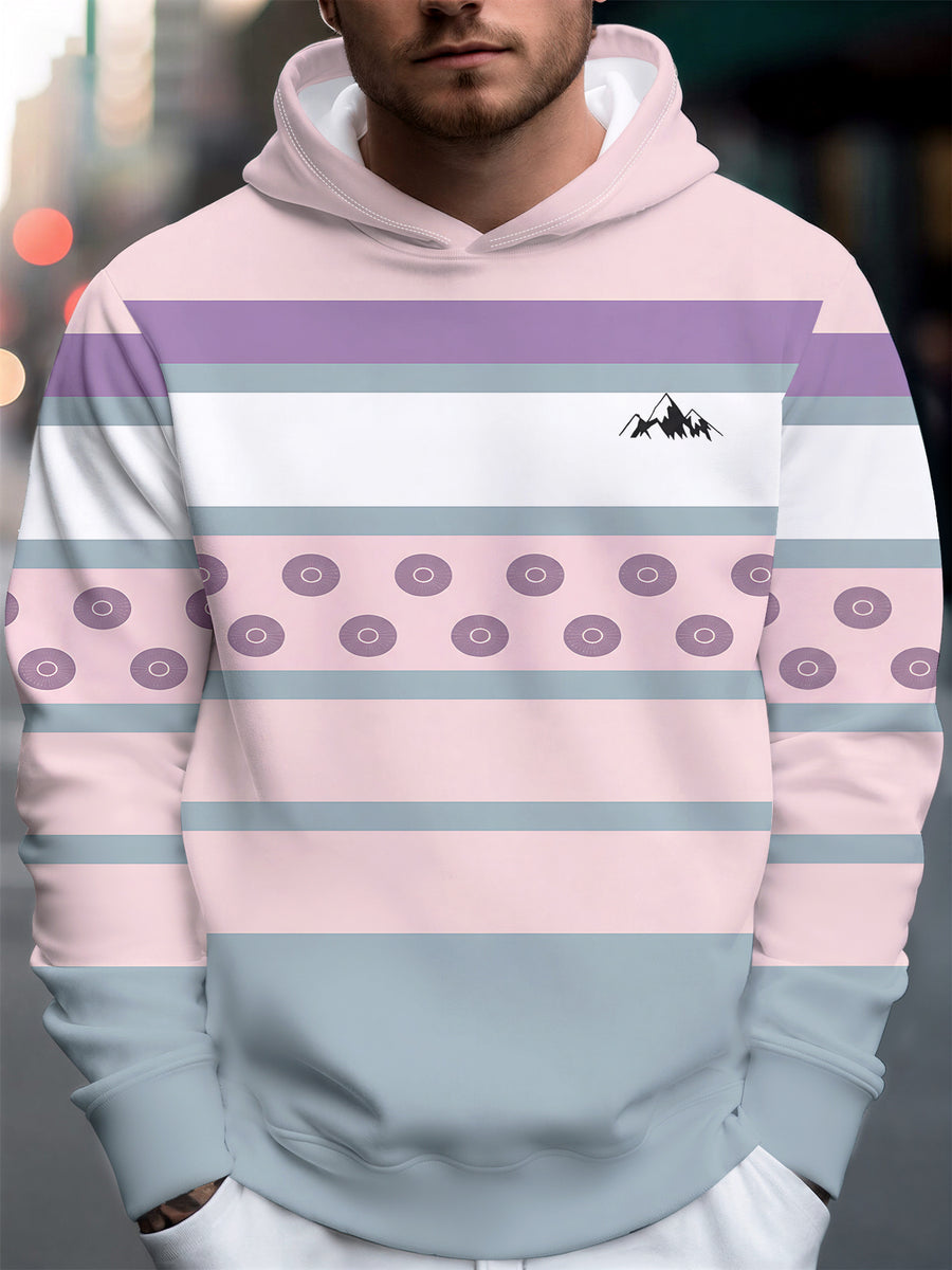4 Styles, Men's Long Sleeve Casual Hoodies with Fresh Mountain Pattern with Contrasting Horizontal Stripes Prints, Trendy Printed Hooded Jackets, Sporty and Fashionable Style, Spring and Autumn Tops for Daily Casual Outfits. - Pink Color